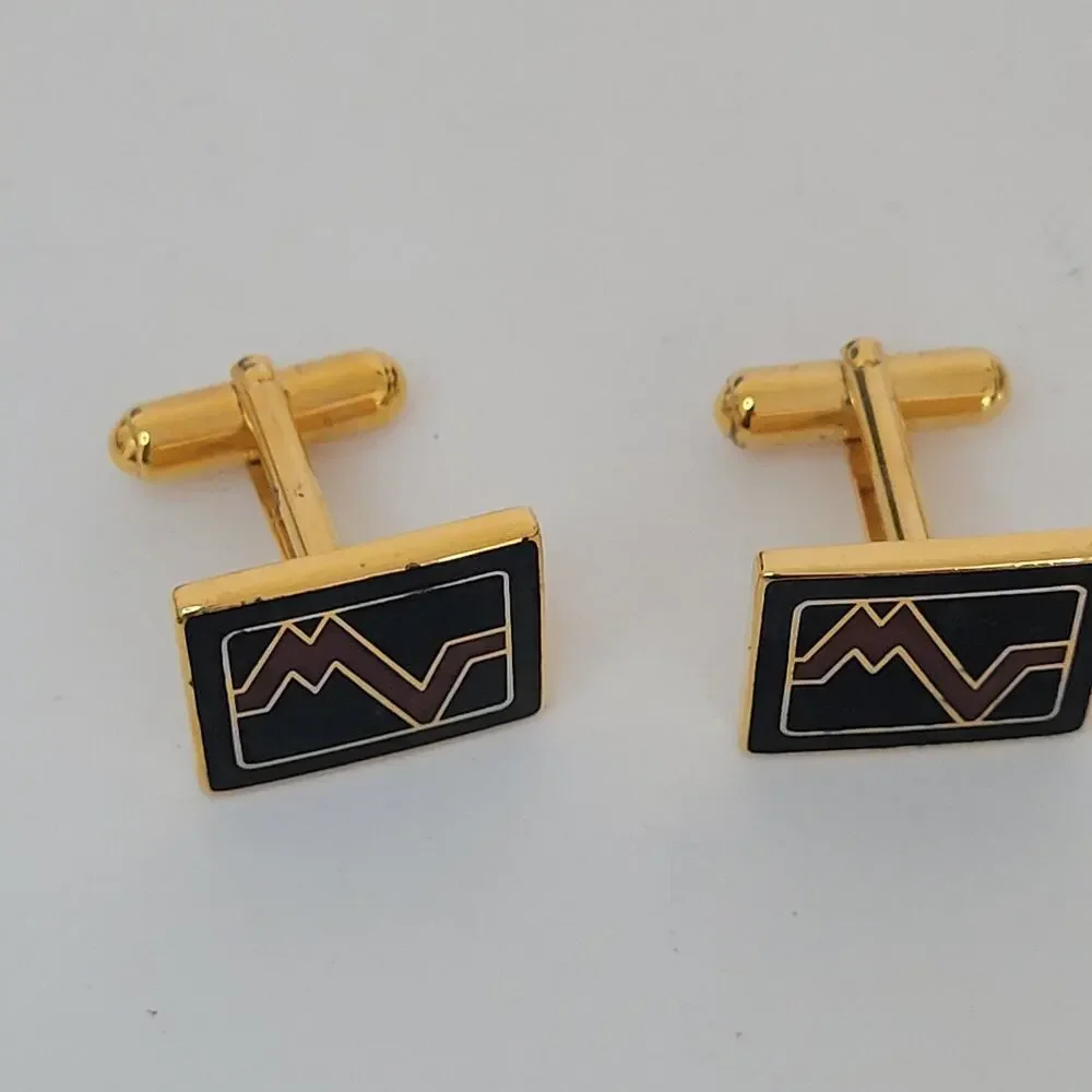 Mario Valentino MV Gold Black Red Tone Rectangle Logo‎ Cufflinks Designer Retro